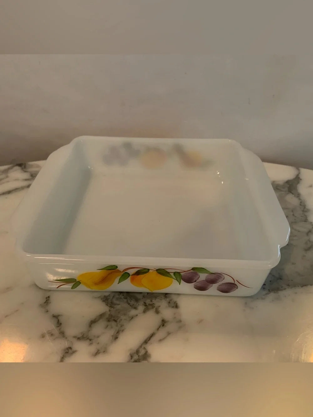 Vintage Fire-King Gay Fad Fruits Milk Glass Square Baking Dish 8” Casserole